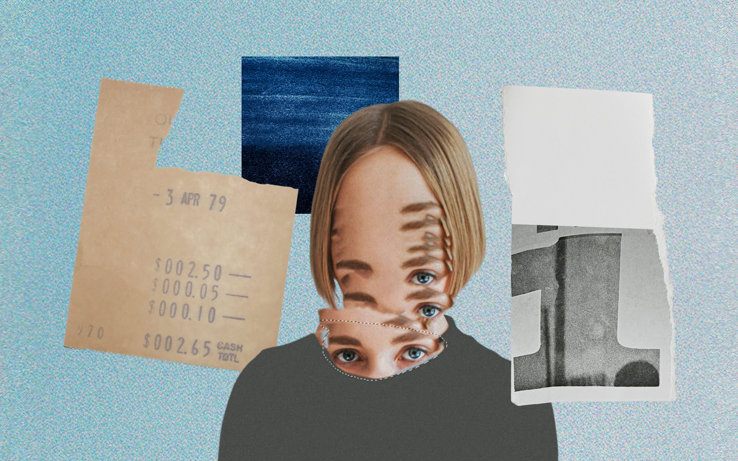 A portrait of a person with their face mirrored and vertically stretched, surrounded by archival papers and grainy textures. Dreamlike and disorienting.